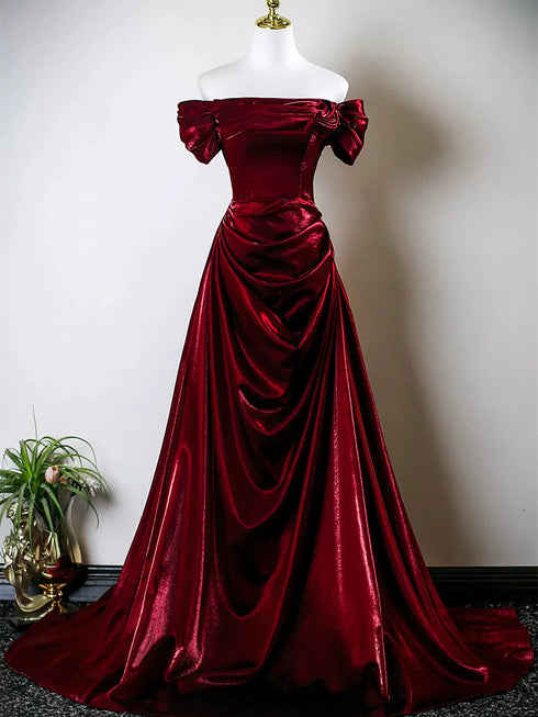 Wine Red Satin Off Shoulder A-line Evening Dress, Wine Red Satin Prom Dress